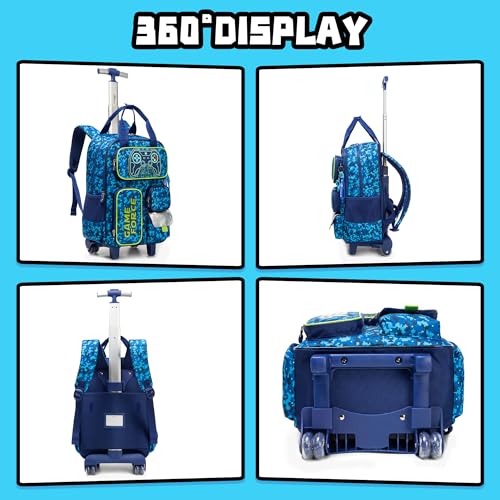 3pcs Kids Rolling Backpack, Dinosaur Roller Wheels Boys Bookbag, Wheeled Suitcase Elementary School Bag with Lunch Bag Set4