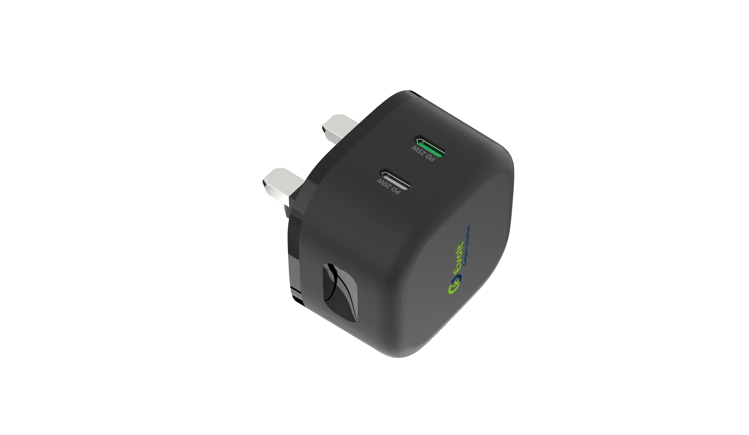 Evolt Gadgets Simplified TC-300 45W PD Dual Type-C Travel Charger with GaN Technology Includes 1M Type-C TO Type-C Cable