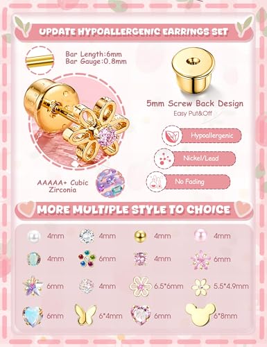 Image of CASSIECA 16 Pairs Hypoallergenic Screw Back Earrings for Women Girls 316L Stainless Steel CZ Ball Heart Flower Screwback Flat Back Stud Earrings Jewelry Gift Women Multicolored Pink