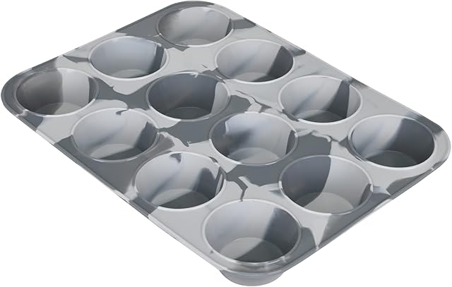 SUPER KITCHEN Large Muffin Tray 12 Cup Silicone Muffin Pan, Non-Stick Muffin Cupcake Tin, Baking Case, Baking Mould for Muffins, Cupcakes, Pudding, Donut, Bagel, Bakeware 33 x 25 x 3 cm (Mixed Grey)