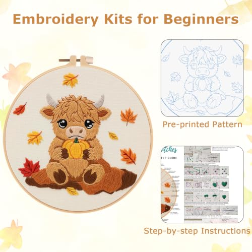 Image of Louise Maelys Highland Cow Embroidery Kit for Beginners(Autumn | Cross Stitch Kit for Adults,Stamped Pattern, Complete Easy Needlepoint Kit, Easy Craft Thankgiving Gift And Room Decor