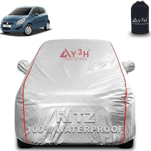 Image of 100% Waterproof Car Cover Compatible with Maruti Suzuki Ritz | All Weather, Dust Proof, UV Protective with Mirror Pocket (Silver Magic)
