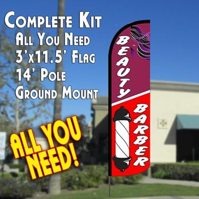 Beauty & Barber Windless Feather Banner Flag Kit (Flag, Pole, & Ground Mt)