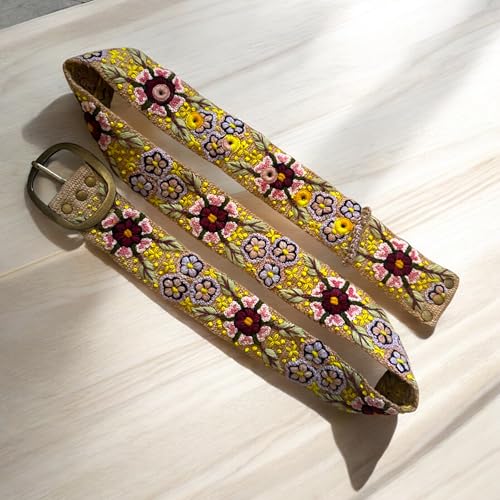 Embroidered Belt, Embroidered Belt for Women, Peruvian Embroidered Belt, Handmade - Garden Bloom Tan Band3