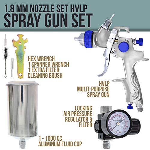 Tcp Global Professional Gravity Feed Hvlp Spray Gun With A 1.8Mm Fluid Tip, 1 Liter Aluminum Cup And Air Regulator #TOP1