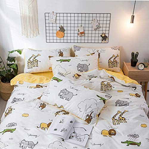 Blueblue Safari Kids Duvet Cover Set 100% Cotton Bedding For Boys Girls Teens Cartoon Lion Elephant Giraffe Monkey Crocodile Print On Cream White, 1 Full Comforter Cover 2 Pillow Shams (Queen, Zoo) #TOP3