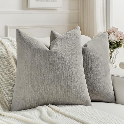 FUTEI Smoke Gray Chenille Decorative Throw Pillow Covers 22x22 Inch Set of 2,Soft Cozy Faux Linen Textured Cushion Case,Farmhouse Home Decor for Couch Living Room