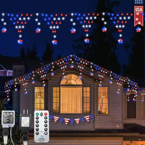 Puhong JT-EL/FC300V0200-C New) 4Th Of July Decorations, 218 Led Red White And Blue String Lights With Remote, 13.8Ft Expandable 8 Modes Outdoor Waterproof Icicle Lights For Memorial Day, Election Day, Patriotic Decoration cover