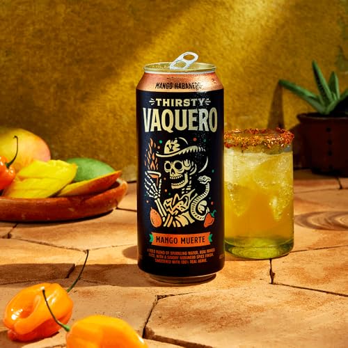 Image of Thirsty Vaquero, Mango Habanero Flavored soda (Mango Muerte), Mexican-inspired soda, Real Fruit Juice & Savory Spices, Made with Organic Agave, Low Calorie, Natural Juice, 16 oz Cans, 12-Pack