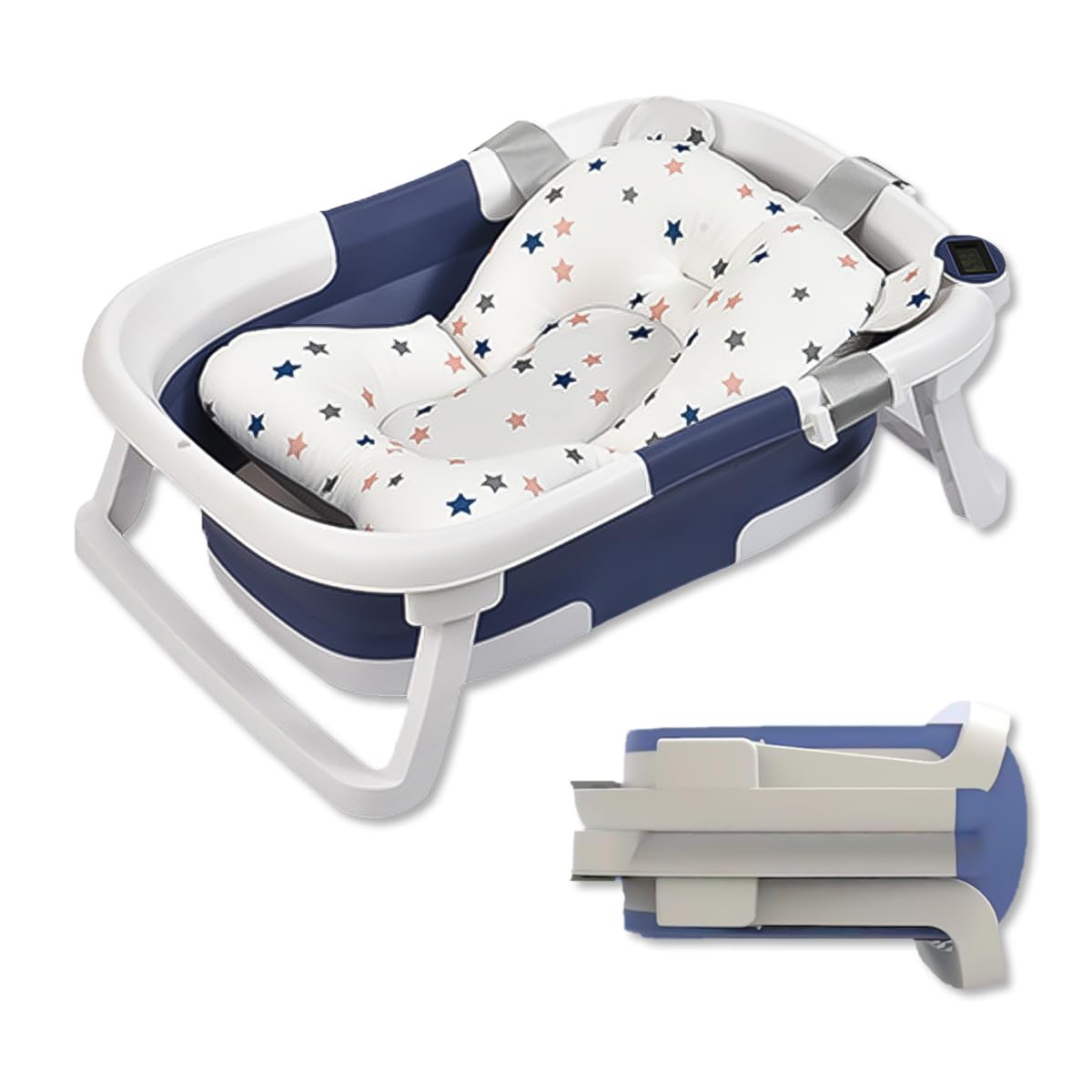 SONARIN Foldable Baby Bathtub with Thermometer & Cushion Pad,Portable Space-Saving Infant Tub Collapsible Travel Shower Basin with Water Plug Non-Slip Legs for Newborn Toddlers(Blue)