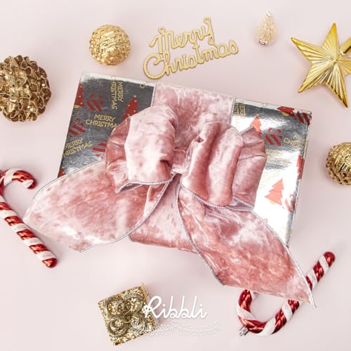 Image of Ribbli Light Pink Velvet Wired Ribbon 4 Inch Metallic Pink Silver Crushed Velvet Christmas Ribbon for Gift Wrapping Christmas Tree Decoration Crafts Wreaths Supplies-Continuous 10 Yards
