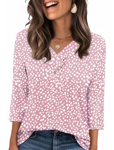 Sampeel Womens Tops Dressy Casual V Neck 3/4 Sleeve Fall Shirts Plus Size Winter Clothing Pink Leopard XXL