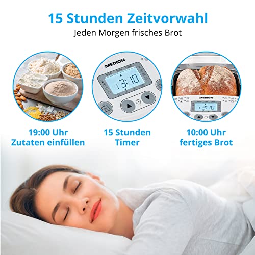 MEDION Brotbackautomat (Brotbackmaschine, 550 Watt, bis zu 1000g, 19 Backprogramme, 3 Bräunungsgrade, Warmhaltefunktion… – Bild 4