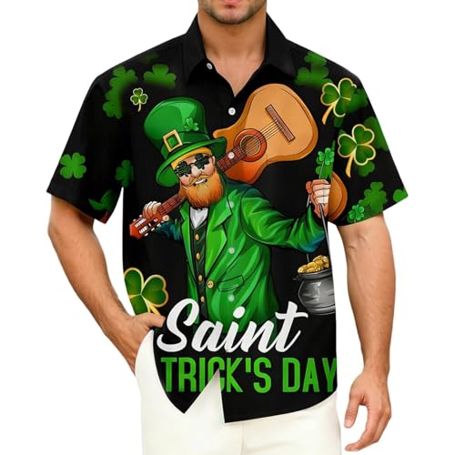 Camisa de Manga Corta Festiva para San Patricio en Cuadros Verdes de Mezcla Transpirable y Cómoda para Hombre (Black, XXXXL) c34