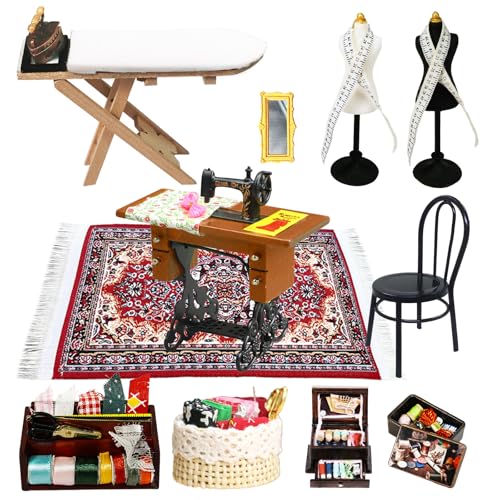 Hiawbon 14Pcs Miniature Sewing Machine Kits 1 :12 Scale Sewing House Scene Model Accessories Sewing Miniatures Simulation Vintage Mini Sewing Machine Kits for Mini House Sewing Christmas
