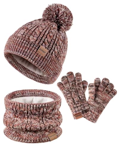 Kids Winter Hat Gloves Scarf Set,Girls Hats Beanie with Pom Knit Neck Warmer Gaiter Mittens Fleece Lined,Girls Accessories Cold Weather Set for Toddler Children Boys（Brown Mix）