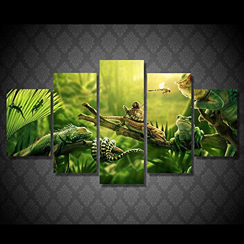 Fonice Moderne Leinwand Bilder HD-Druck Wandkunst Rahmen 5 Stück Grüne Pflanzen Party Tier Insekten Wohnzimmer Home Decor Malerei Poster