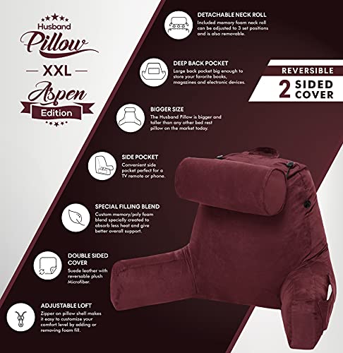 Image of Husband Pillow XXL Reading & Bed Rest Pillows - Premium Memory Foam Backrest Pillow with Arms & Neck Roll - Aspen Edition Arizona Maroon - Reversible 2 Sided Cover with Plush Microfiber and Suede