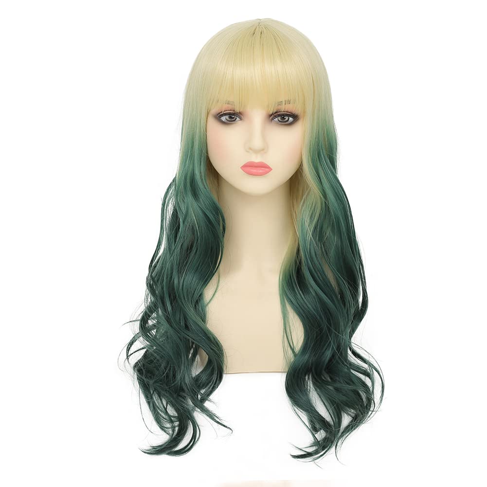 Dai Cloud Blonde Ombre Green Wigs with Bangs for Women Long Curly Wavy Hair Wigs Natural Synthetic Halloween Cosplay Daily...