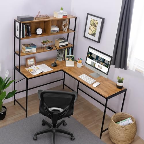 Image of ABOUT SPACE 3 Tier Computer Table with Unique L-Shaped Modern Desktop for Pc, Laptop, Study & Writing Open Bookshelf with Tower Storage Display Shelf [Teak - L 151.7 x B 113.5 x H 157 cm]