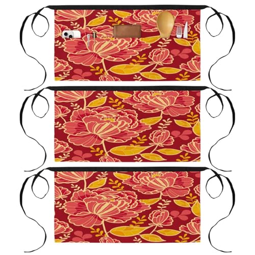 Tablier court de chef lot de 3 avec poches pour cuisine et bar en motif feuilles dorées