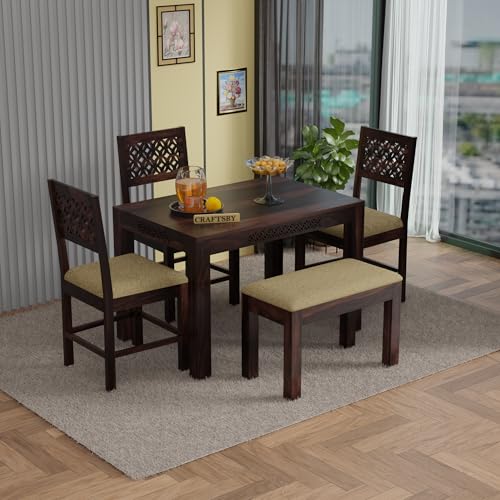 Image of 45 Inch Length Solid Sheesham Wood 4 Seater Dining Table Set | Four Seater Dinner Table with 3 Cream Cushions Chairs & 1 Bench | Dinning Table Set 4 Seater for Living Room | Walnut Finish