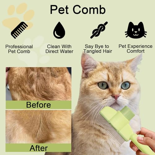 Image of Dogs and Cats Comb with Release Button, Pet Hair Removal Tools with Safe Stainless Steel Teeth for Deshedding, Cat Grooming Supplies for Long /Short Hair, Cat Brush for Shedding, Green