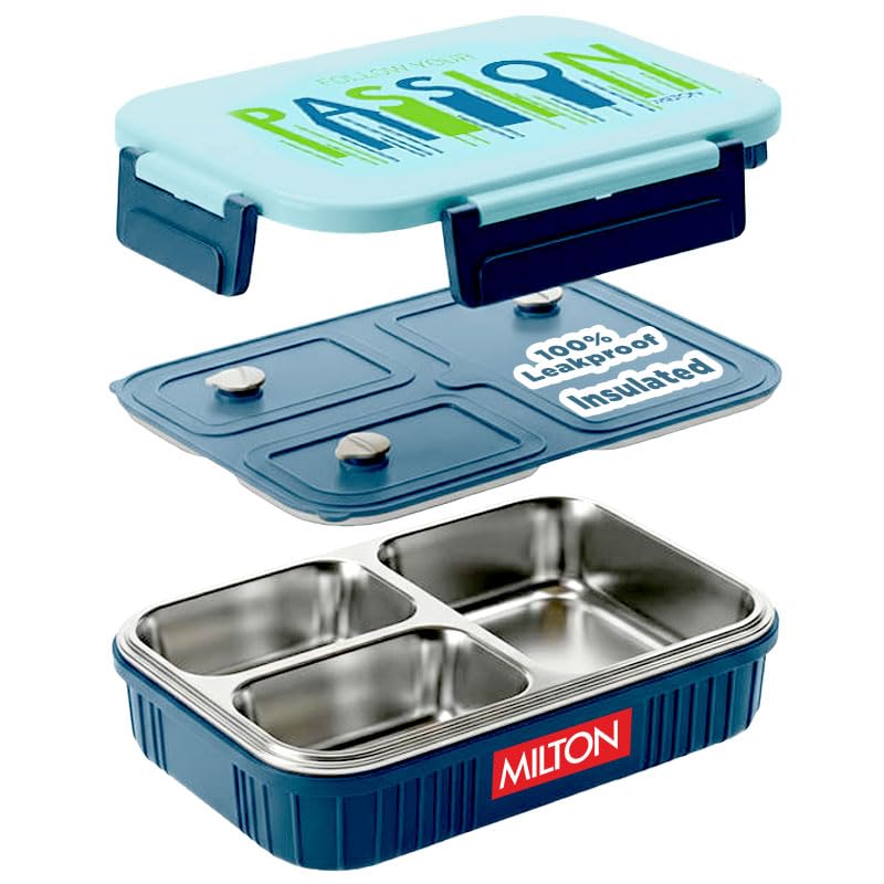 Image of MILTON Meal Safe 3 Inner Stainless Steel Tiffin Box for School with Steam Release Plug | PU Insulated, Leak-Proof, Food Grade I Lunch Box for Kids Boys, Girls with Snap Lock Lid, 630 ml, Dark Blue