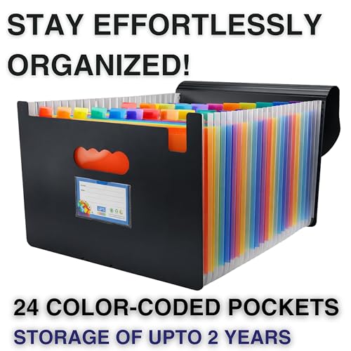 Image of SPS A4 Expanding File Folder - 24 Pockets | Black | Large Capacity | Secure Elastic Closure | Durable & Waterproof | Fits A4 & Letter Size | Accordion Document Organizer
