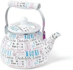 Charm Love Chaleira Esmaltada Vintage, Ferro com Revestimento em Esmalte, 2,5L, Cabo em Porcelana, Compatível com Fogão a Gás, Elétrico, Indução e Lenha, 19 x 23 x 25 cm