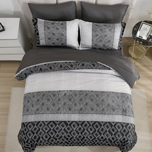 Parure de lit 7 pièces Dinjoy grise à rayures avec draps complets
