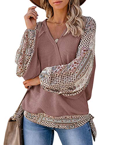 Womens Boho Patchwork Blouse Tops Waffle Knit Wrap Cross Puff Sleeve Tie Knot V Neck Summer Shirts (Pale Mauve, X-Large)