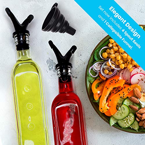 Zeppoli Oil and Vinegar Bottle Dispenser Set with Stainless Steel Rack and Removable Cork - Dual Spout, Pouring Funnel, 4 Spout Seals, 17 oz Olive Oil Bottle and Vinegar Glass Set
