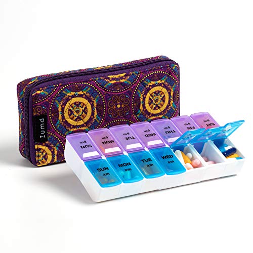 Image of Weekly Pill Organizer 2 Times a Day, Zumd Pill Box 7 Day with Cute Quilted Fabric Zipper Case, Travel Pill Case Am Pm for Vitamin Medicine Organizer