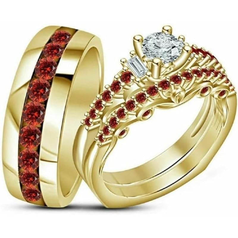 14K Yellow Gold Over Round & Baguette Cut White Diamond & Red Garnet 925 Sterling Silver Wedding Bridal Trio Ring Set for His & Her