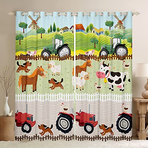 Loussiesd Kids Cartoon Farm Animals Window Curtains for Bedroom Living Room Toddler Cute Tractors Curtain Child Farmhouse Country Window Drapes Colorful Nature Window Treatments,W52*L90