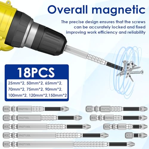 Image of 18Pcs High Magnetic Screwdriver Drill Bit Set, Impact Resistant Non Slip Bit, Strong Magnetic Durability Screwdriver Bits for Electric Screwdrivers Rusted Screws, 25 50 65 70 75 90 100 120 150mm