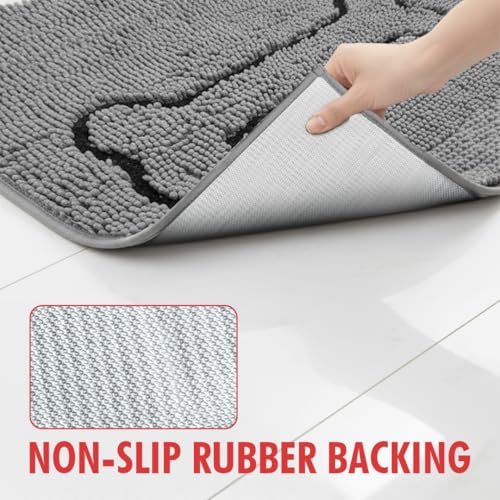 MUDGUARD MAT ドッグドアマット、骨デザイン、超吸収性マイクロファイバーシェニール、滑り止め速乾インドアラグ、泥だらけの足、ペット&玄関用、洗濯機洗い可能、グレー 19インチx76.2cm