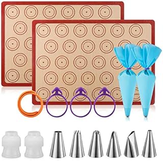 Silicone Baking Mat Macaron Mat Kit(16pcs set) Macaroon Baking Mat Set of 2 Half Sheet Macaron Silicone Mat Nonstick Macaron Mat Sheet,6 Piping Tip,2 Piping Bag with 3 Bag Tie,2 coupler (11.6