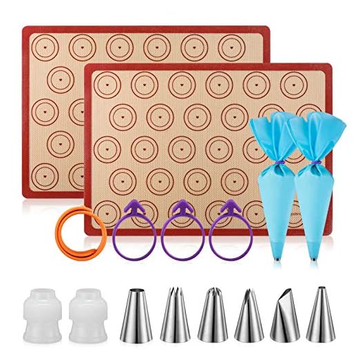 Angadona Macaron Silicone Baking Mats Kit (16pcs set) Macaroon Baking Mat Set of 2 Half Sheet Macaron Silicone Mat Nonstick Macaron Mat Sheet,6 Piping Tip,2 Piping Bag with 3 Bag Tie,2 coupler