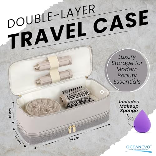 Image of OCEANEVO 2 Layer Travel Pouch for Dyson Airwrap with Makeup Sponge | Hair Accessories Tools Organizer Storage Bag (Bag Only) | 34 x 15 x 16 Cm - Beige Grey - 1 Year Warranty