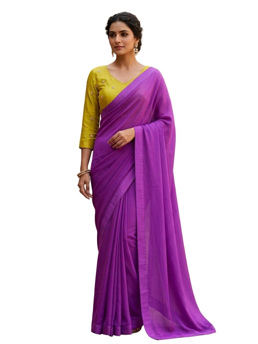 Plain Chiffon Saree, Purple, Solid, with Embroidered Mustard Yellow Blouse, Ethnic Wear for Women-image-42