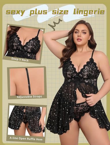 Image of Avidlove Plus Size Lingerie for Women Sexy Lingerie Dress Lace Babydoll Lingerie V-Neck Open Front Strap Nightdress