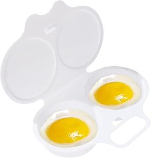 Junfamilee Microwave Egg Poacher 2 Cavity Nonstick with Lid, Double Drain Poached Egg Cooker White 13x5cm