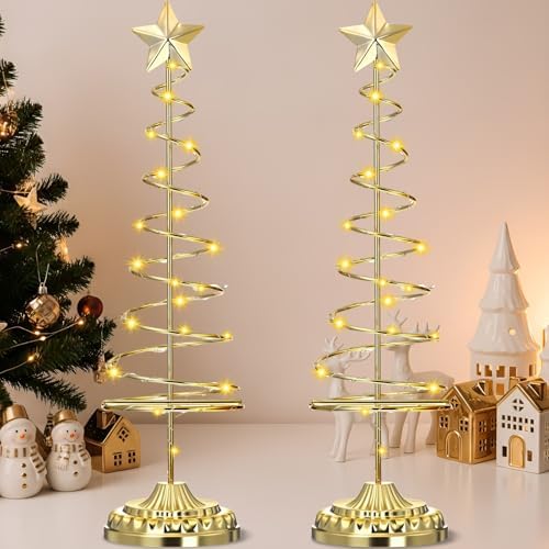 Set of 2 Lighted Christmas Tree Table Decoration with Golden Star Battery Operated Tabletop Prelit Mini Xmas Tree with LED Light up Desk Ornament for Home Mantel (Spiral,Antique Bronze)