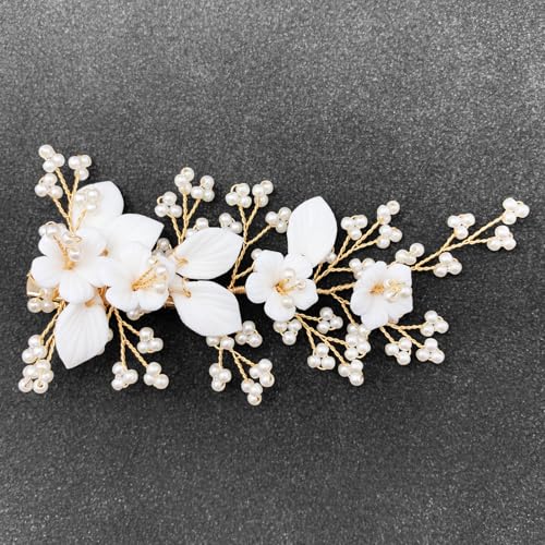 Pinza para cabello con flor cerámica blanca miniatura 4