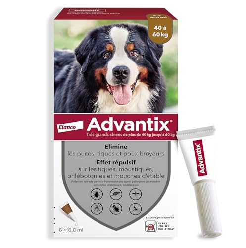 Advantix Très Grand Chien entre 40 et 60 kg – Pipettes pour chien contre 6 parasites – Traitement et protection pour votre animal pendant 4 semaines – 6 x 6,0 ml
