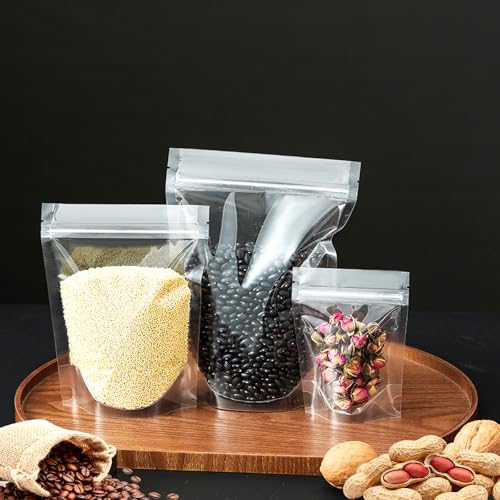 Image of 50 Pcs Resealable Packaging Bags, clear stand up food pouch bags with resealable lock seal zipper for Packaging Products,Nuts,Snack,Tea,Spices,Pet Food and Soaps (5.9x8.7inch)