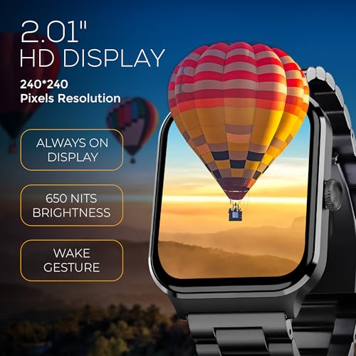 Image of PunnkFunnk Nexoro 2.01 inch Smartwatch for Men & Women Bluetooth Call, Heart Rate, SpO2, Sleep & 100+ Sports Modes, IP68 Waterproof, Compatible with Android & iPhone (Metal Black)