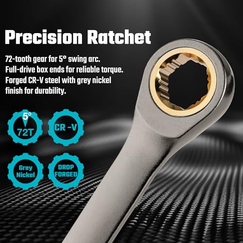 Image of DURATECH Extra Long Anti-Slip Ratcheting Wrench Set, Double Box End Wrench Set, 9-Piece, SAE, 5 /16 inch, 11 /32 inch, 3 /8 inch, 7 /16 inch, 1 /2 inch, 9 /16 inch, 5 /8 inch, 11 /16 inch, 3 /4 inch, CR-V Steel, with Rolling Pouch